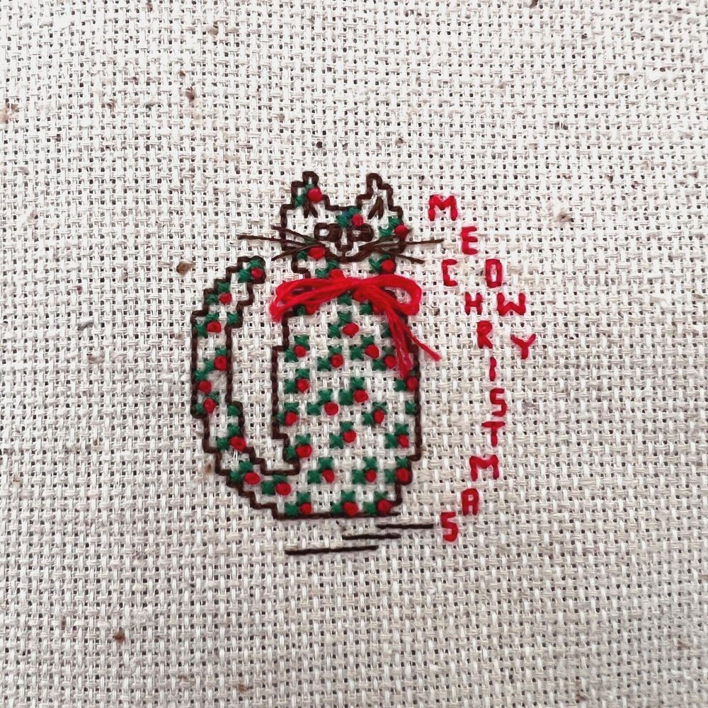 COMPLETED Cross Stitch MEOWY CHRISTMAS Cat 6x6‎ Christmas Wall Decor